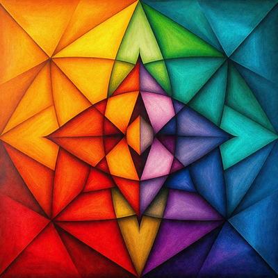 The primary subject of the image is a colorful, abstract artwork featuring a geometric design. The setting is a colorful background, which complements the artwork. The visual style is a combination of digital art and illustration, creating a unique and vibrant appearance. The dominant colors in the artwork are red, orange, yellow, purple, and blue, which contribute to a lively and energetic mood.